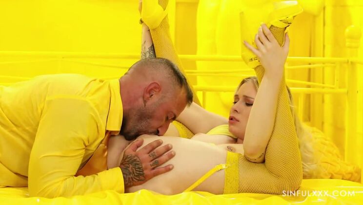 Yellow Lust: Blonde with Tattoos Takes It Deep