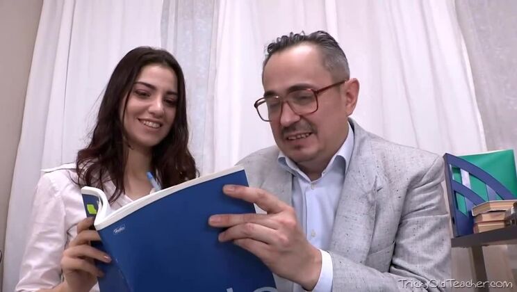 Russian brunette Esenia gets creampie from old teacher