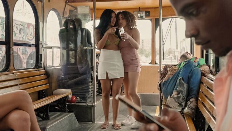 Shaved Pussy Threesome on a Bus Ride