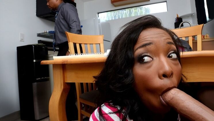 Shaved Teen Gives Blowjob Under The Table