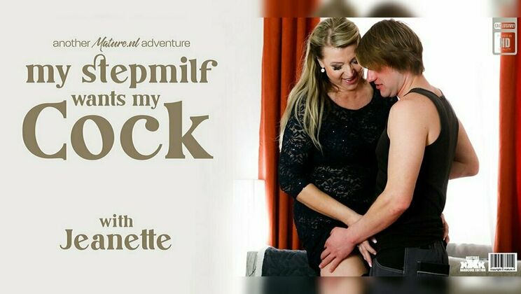 Jeanette in stockings fucks young stepson on couch