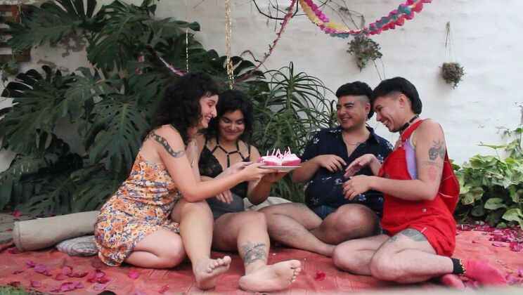 Cumple Quartet: Breast Play & Breast Kissing in 4some