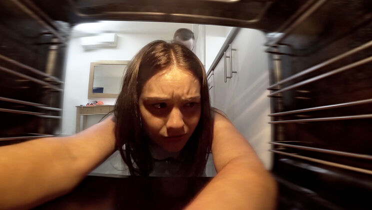 European Brunette Matty Stuck in the Kitchen in Lingerie