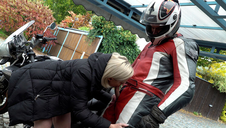 Blonde In Heels Gives Head To A Biker